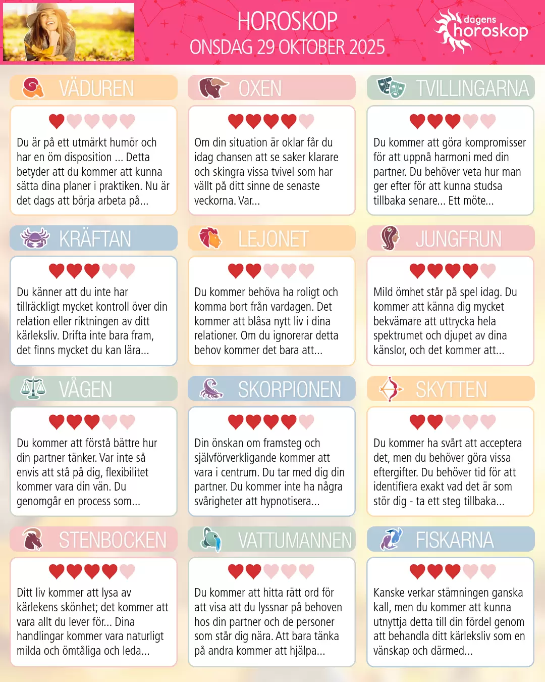 Horoskop för onsdag 29 oktober 2025