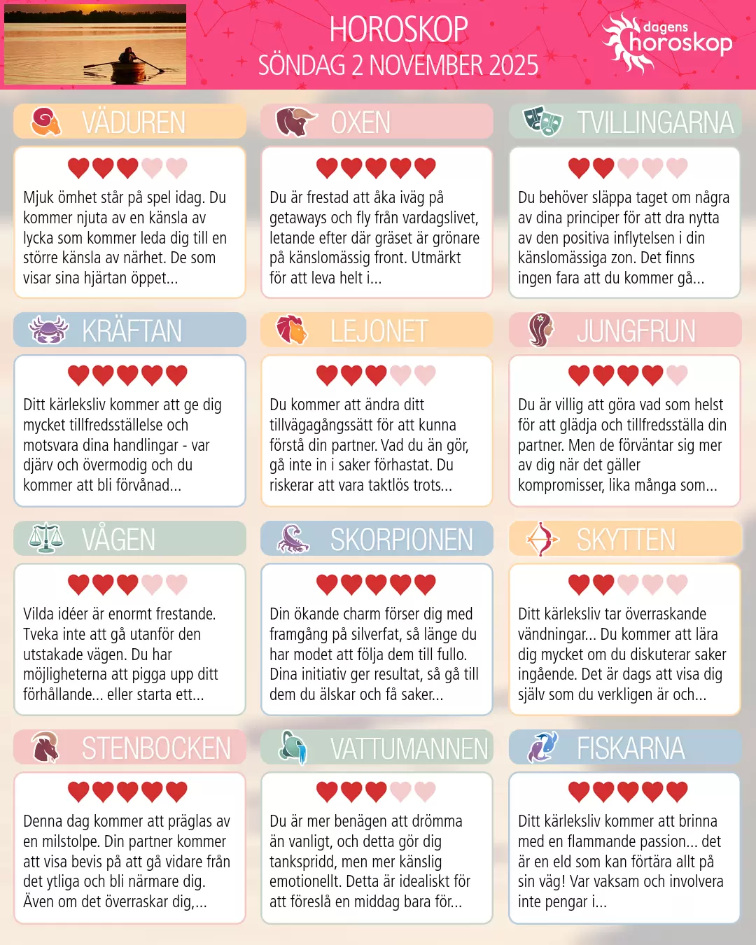 Horoskop för söndag 2 november 2025