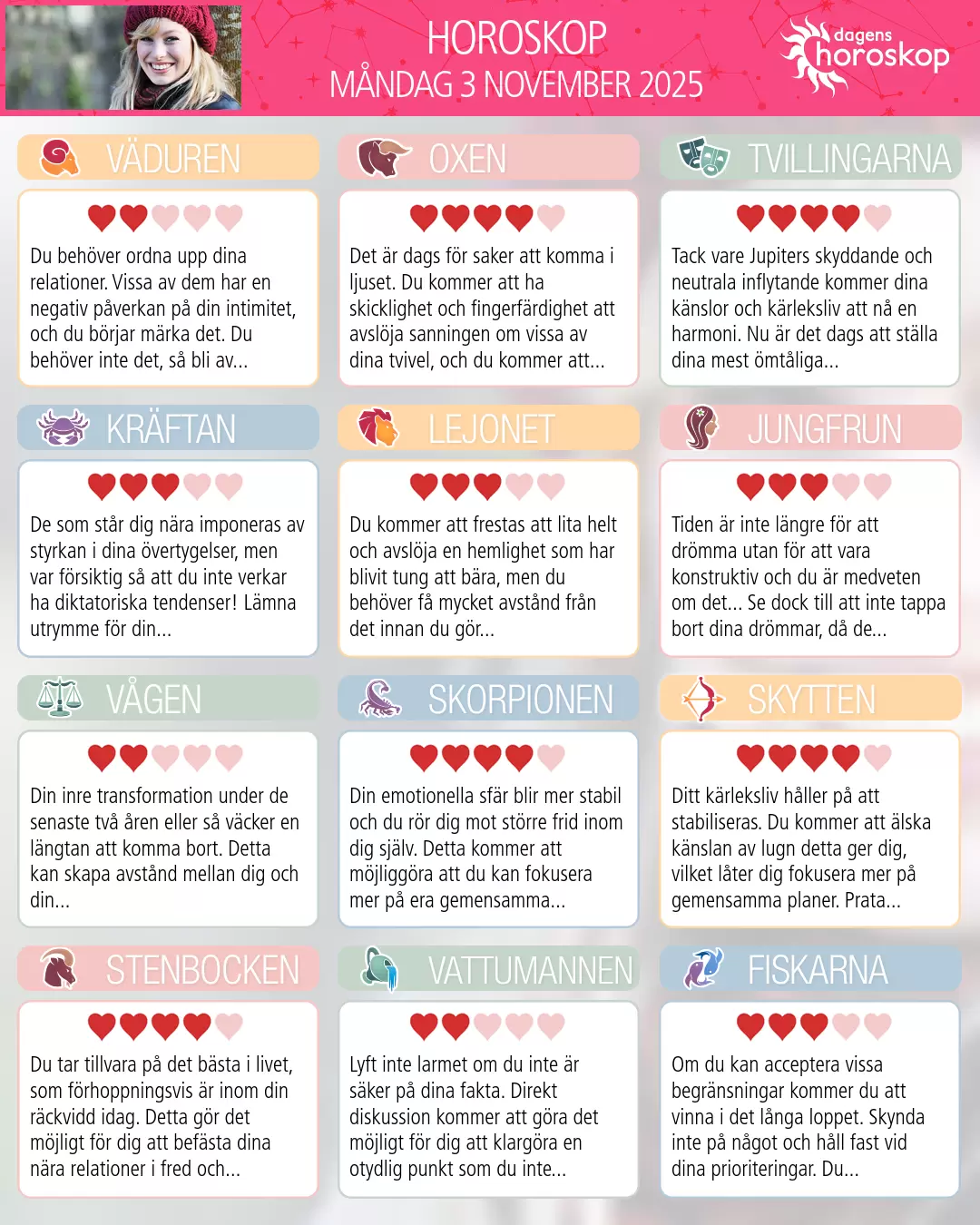 Horoskop för måndag 3 november 2025
