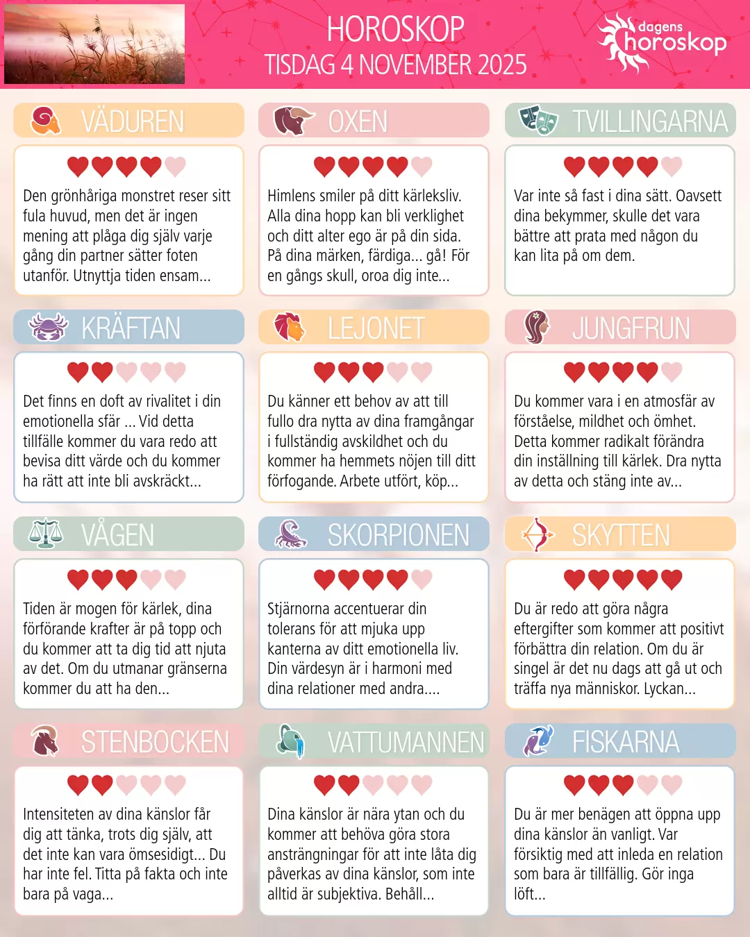 Horoskop för tisdag 4 november 2025