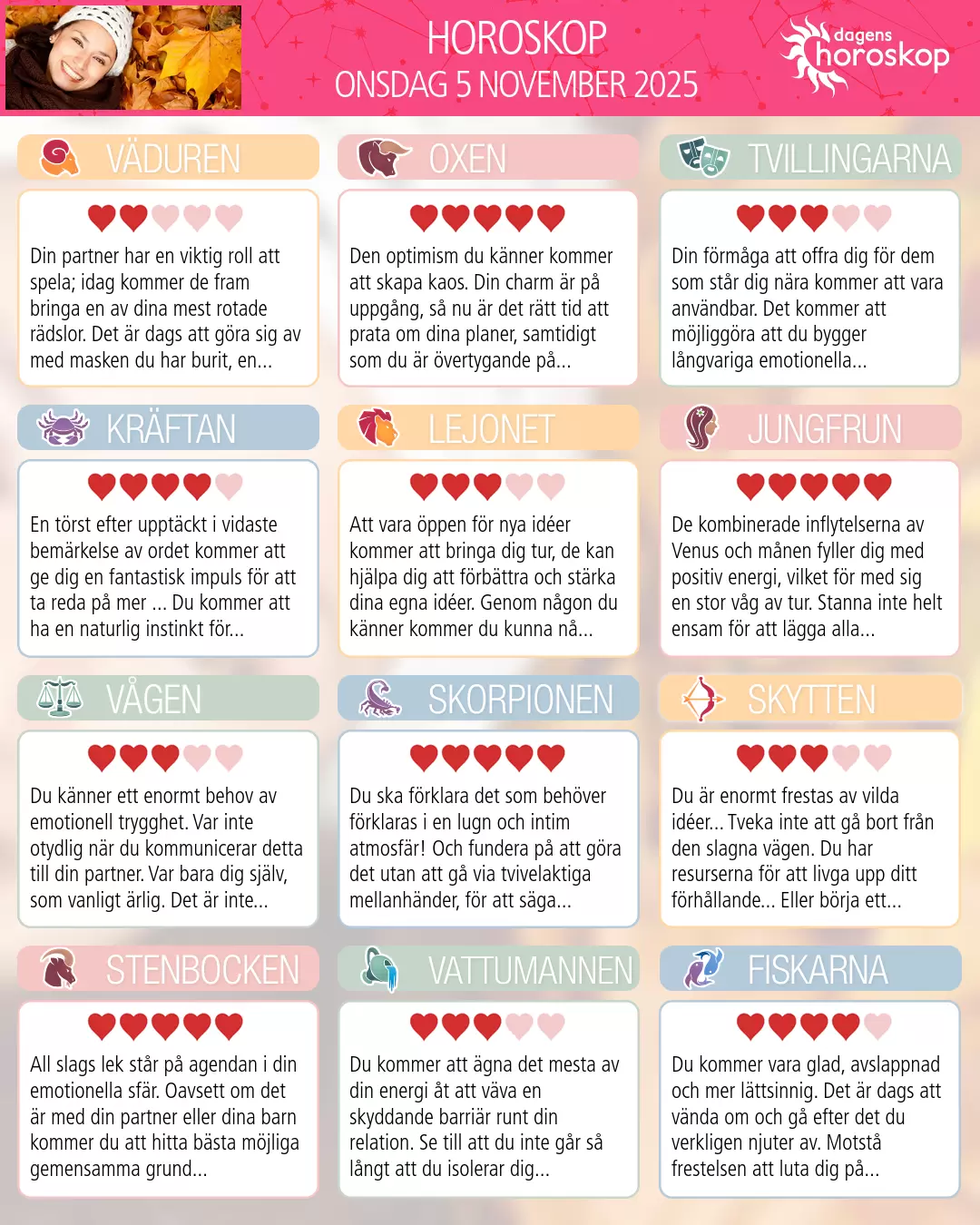 Horoskop för onsdag 5 november 2025