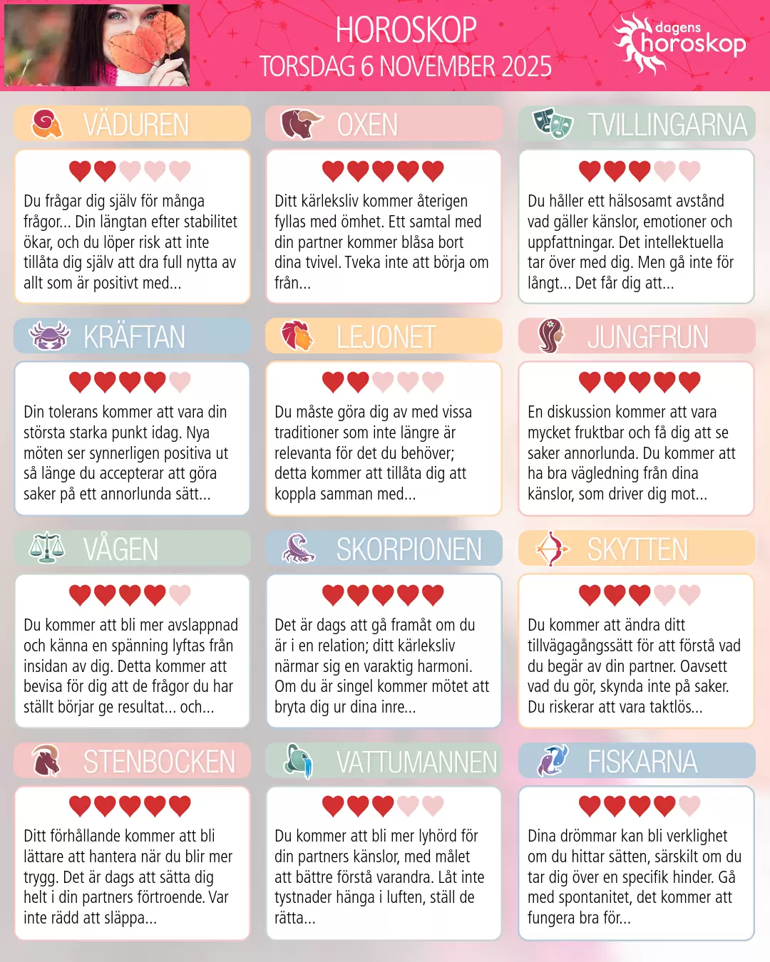 Horoskop för torsdag 6 november 2025