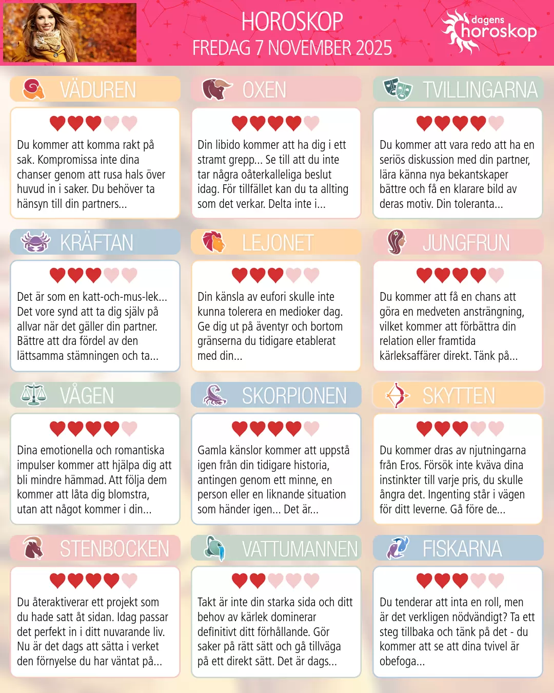 Horoskop för fredag 7 november 2025