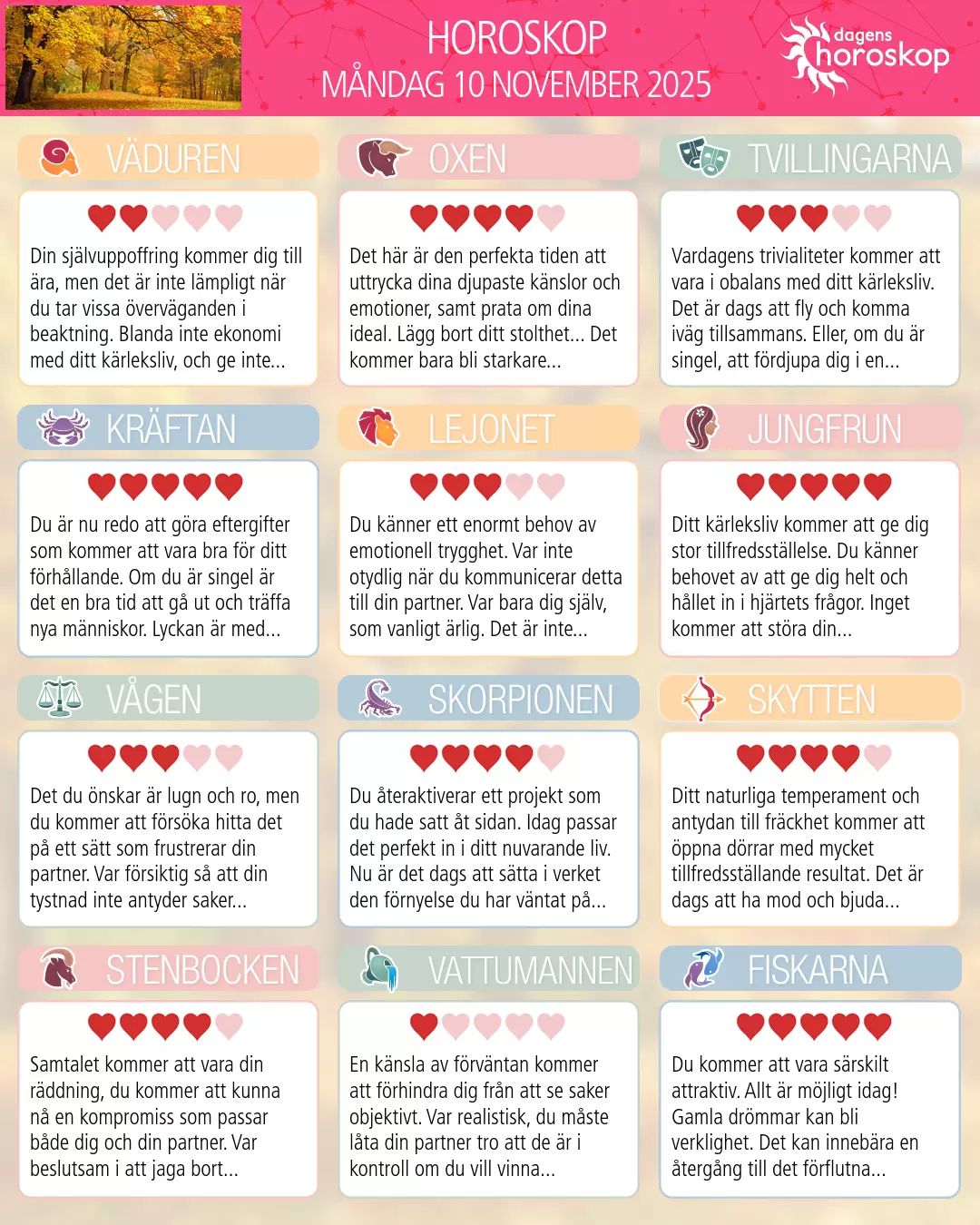 Horoskop för måndag 10 november 2025