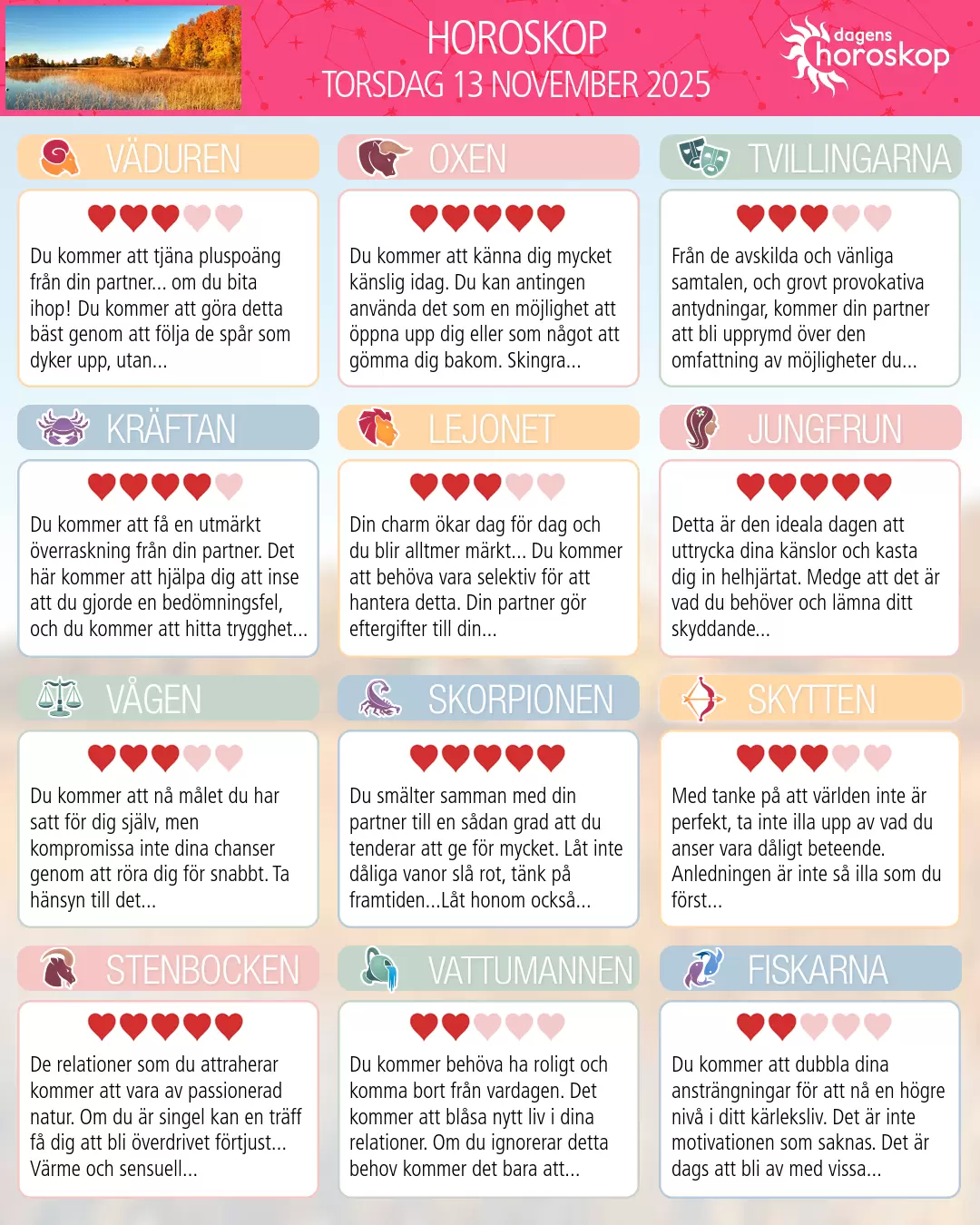 Horoskop för torsdag 13 november 2025