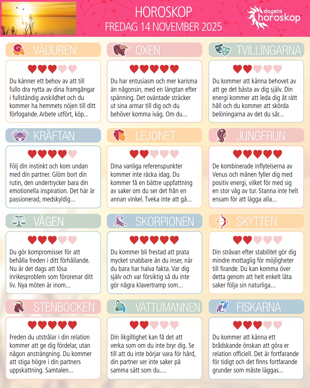 Horoskop för fredag 14 november 2025