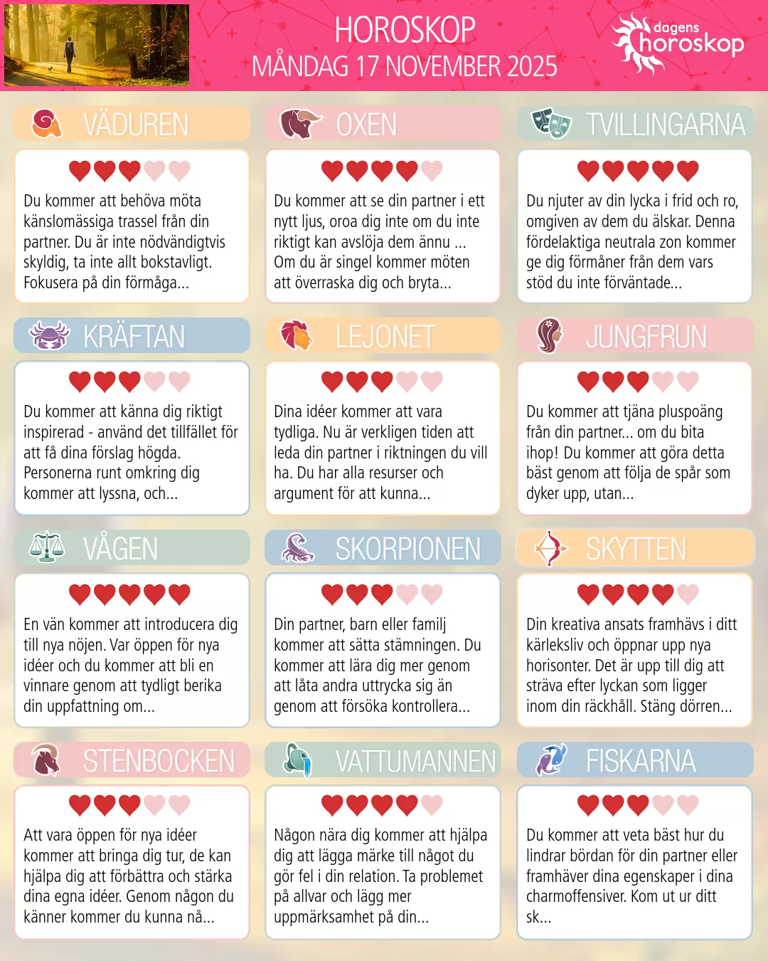 Horoskop för måndag 17 november 2025