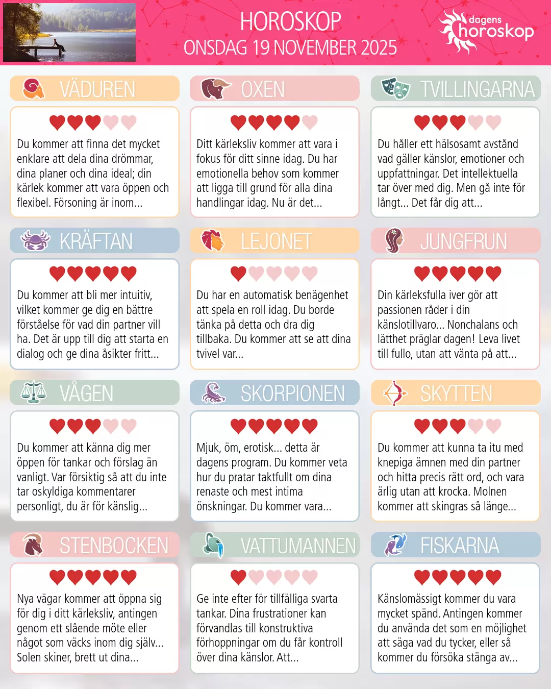 Horoskop för onsdag 19 november 2025