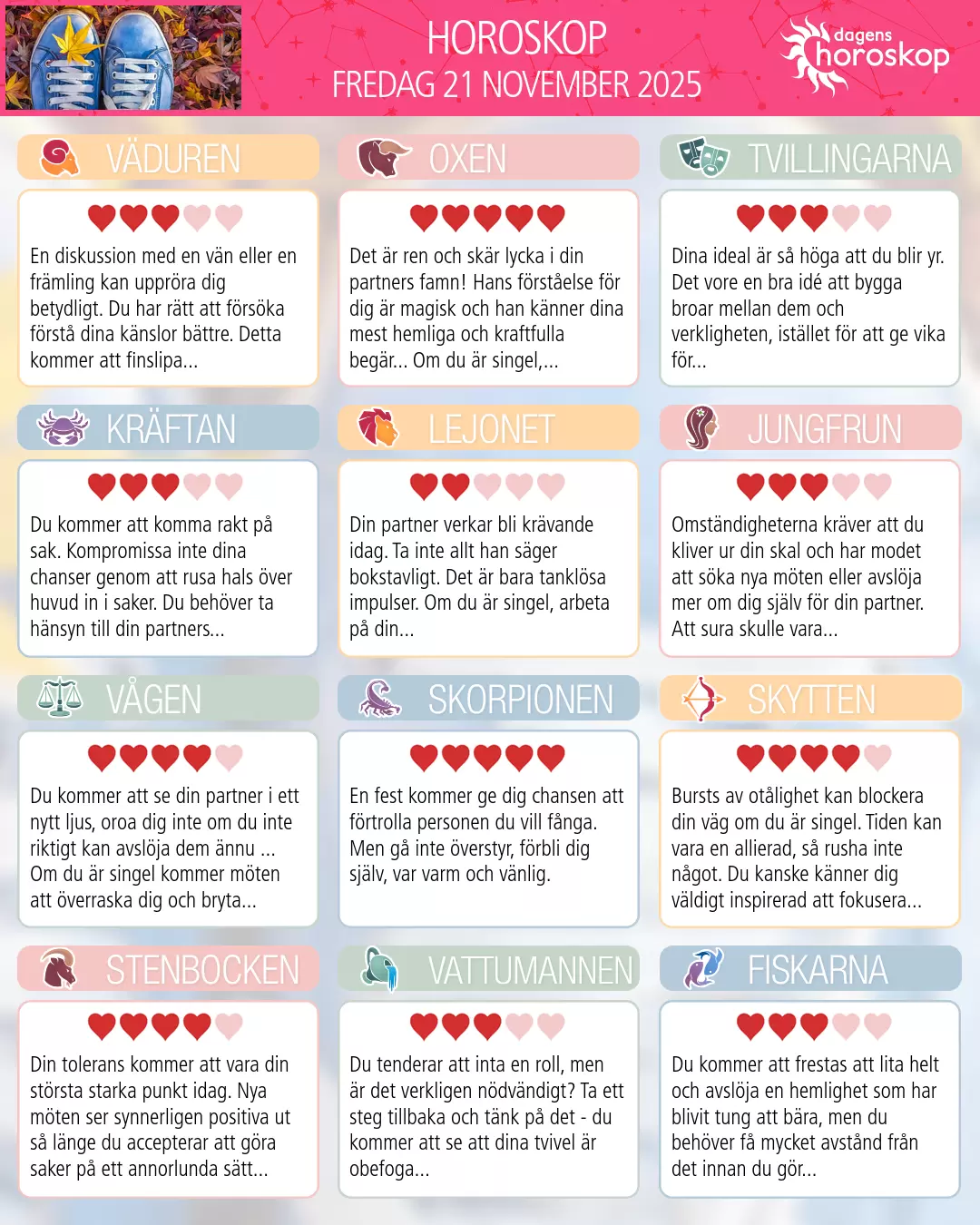 Horoskop för fredag 21 november 2025