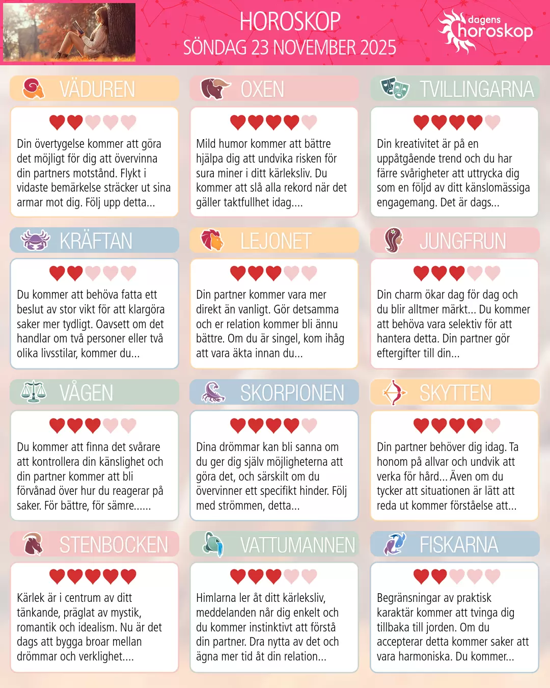 Horoskop för söndag 23 november 2025