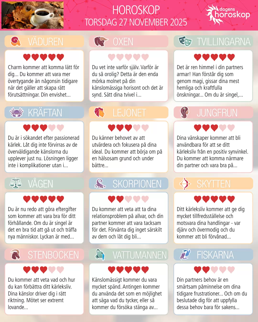 Horoskop för torsdag 27 november 2025
