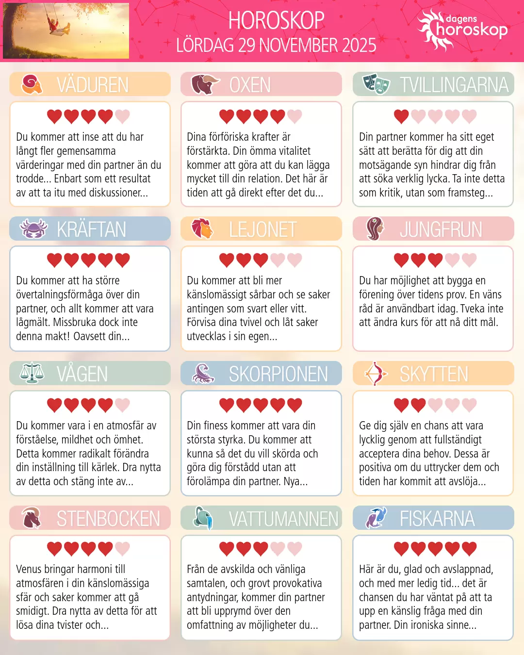 Horoskop för lördag 29 november 2025