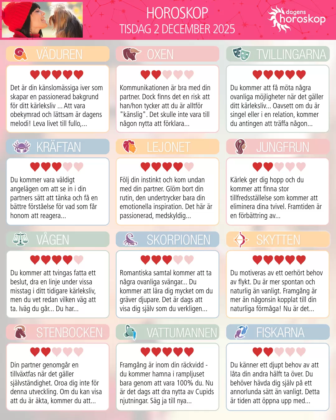 Horoskop för tisdag 2 december 2025