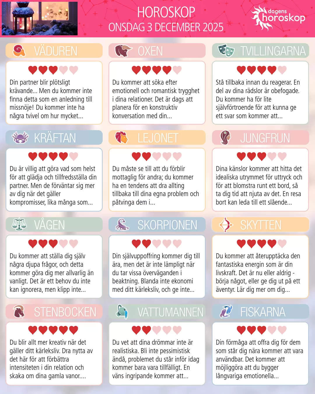 Horoskop för onsdag 3 december 2025