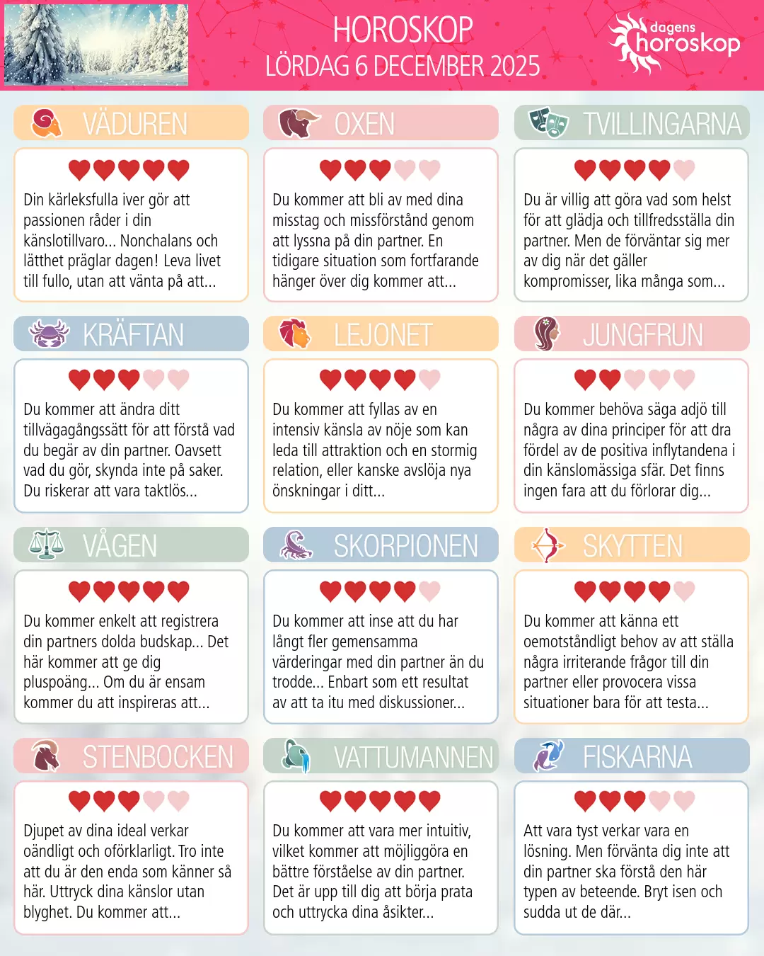 Horoskop för lördag 6 december 2025