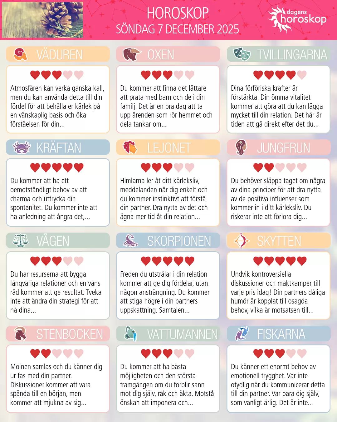 Horoskop för söndag 7 december 2025