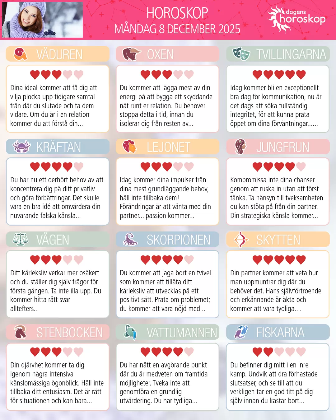 Horoskop för måndag 8 december 2025