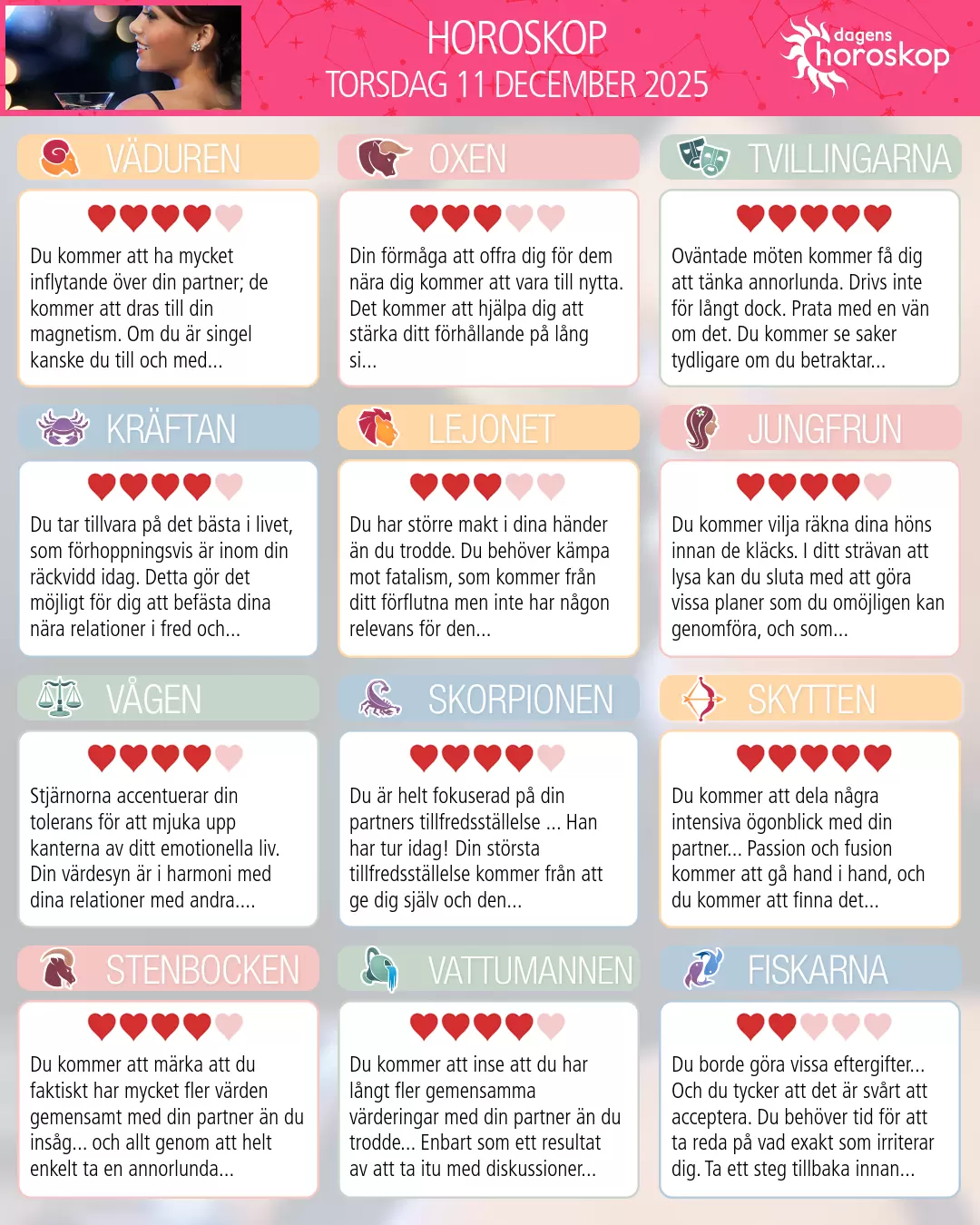 Horoskop för torsdag 11 december 2025