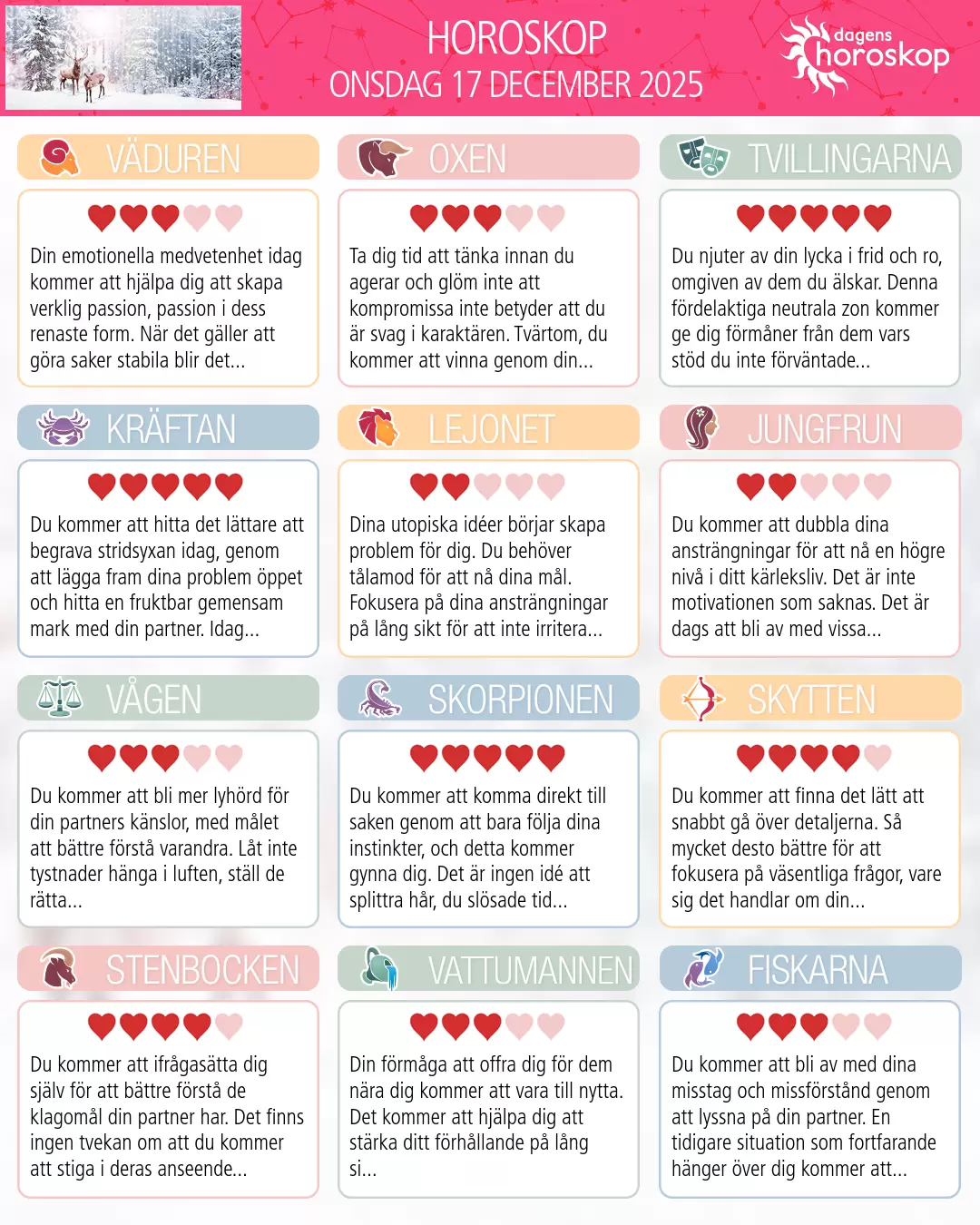 Horoskop för onsdag 17 december 2025