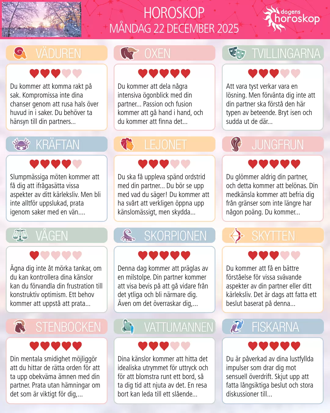 Horoskop för måndag 22 december 2025