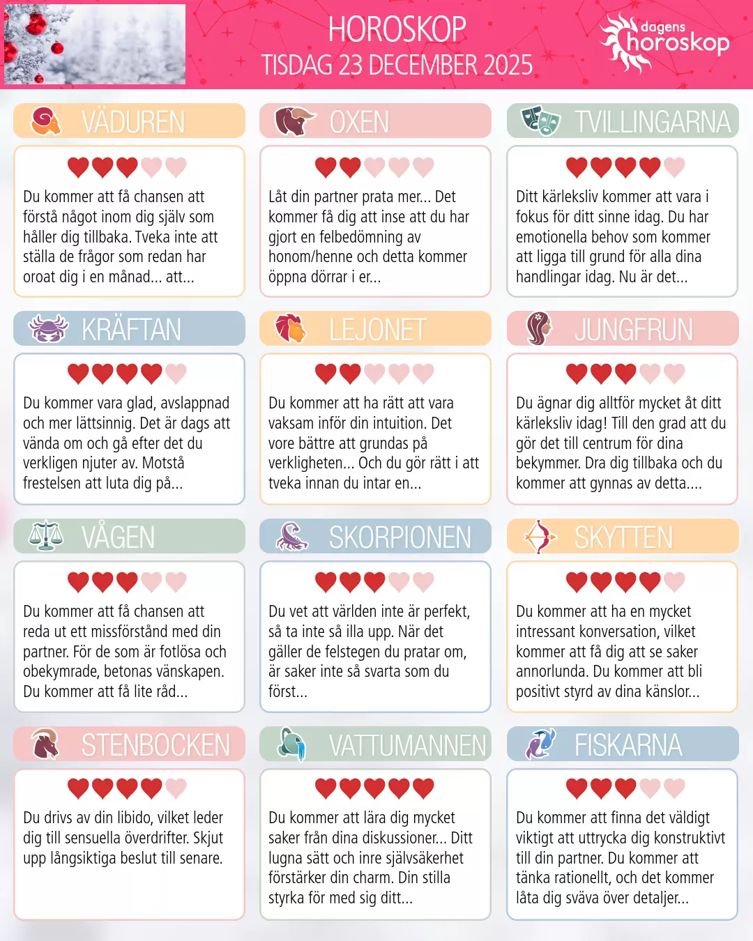 Horoskop för tisdag 23 december 2025