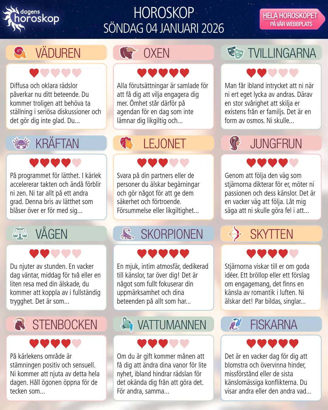 Horoskop för söndag 4 januari 2026