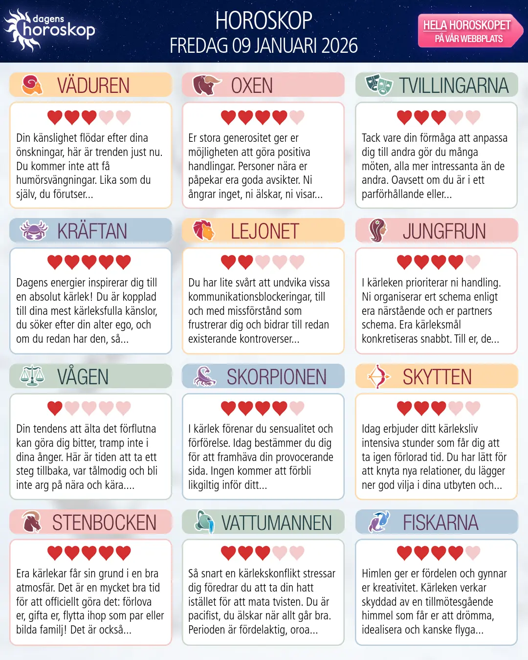 Horoskop för fredag 9 januari 2026