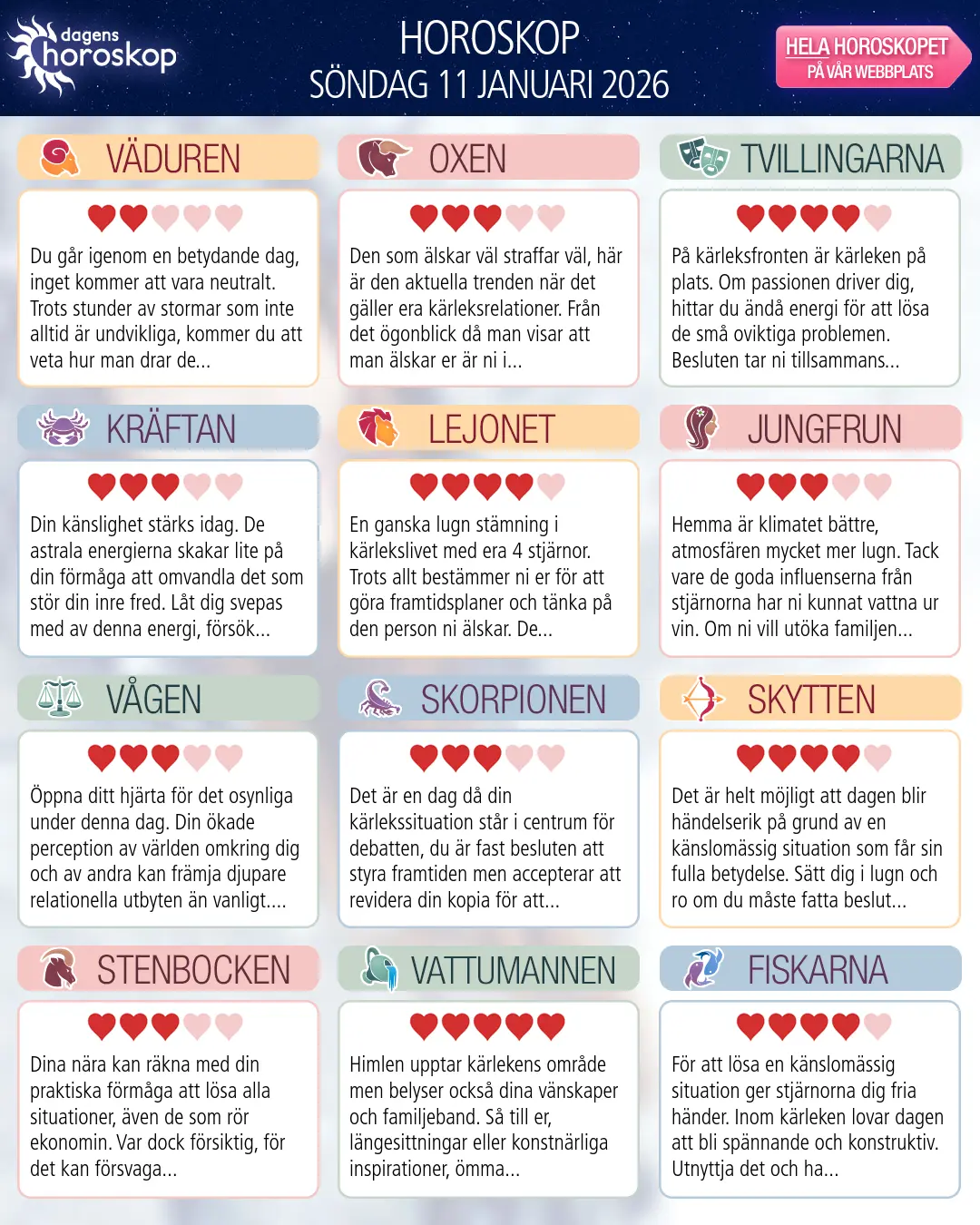 Horoskop för söndag 11 januari 2026