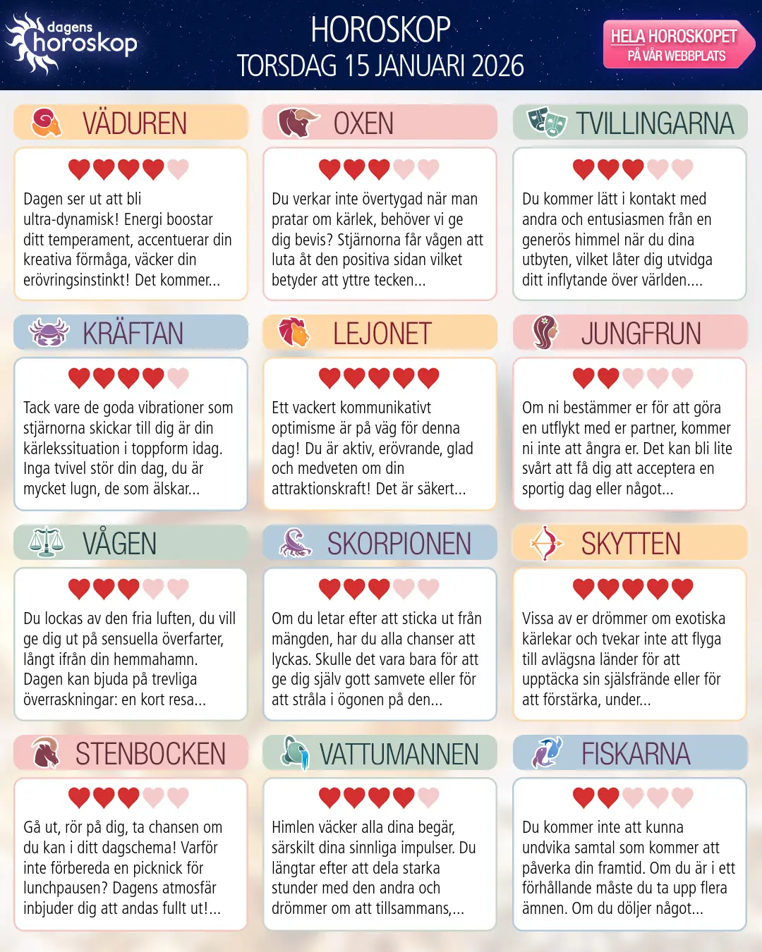 Horoskop för torsdag 15 januari 2026