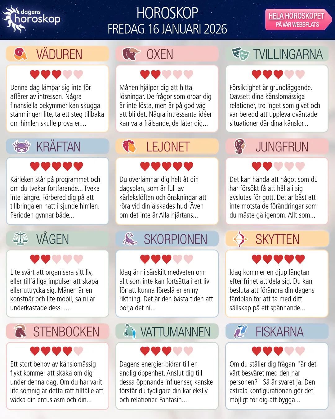 Horoskop för fredag 16 januari 2026