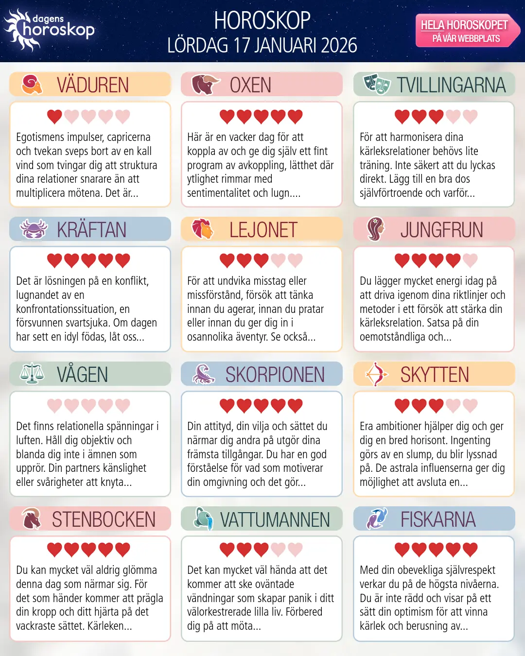 Horoskop för lördag 17 januari 2026