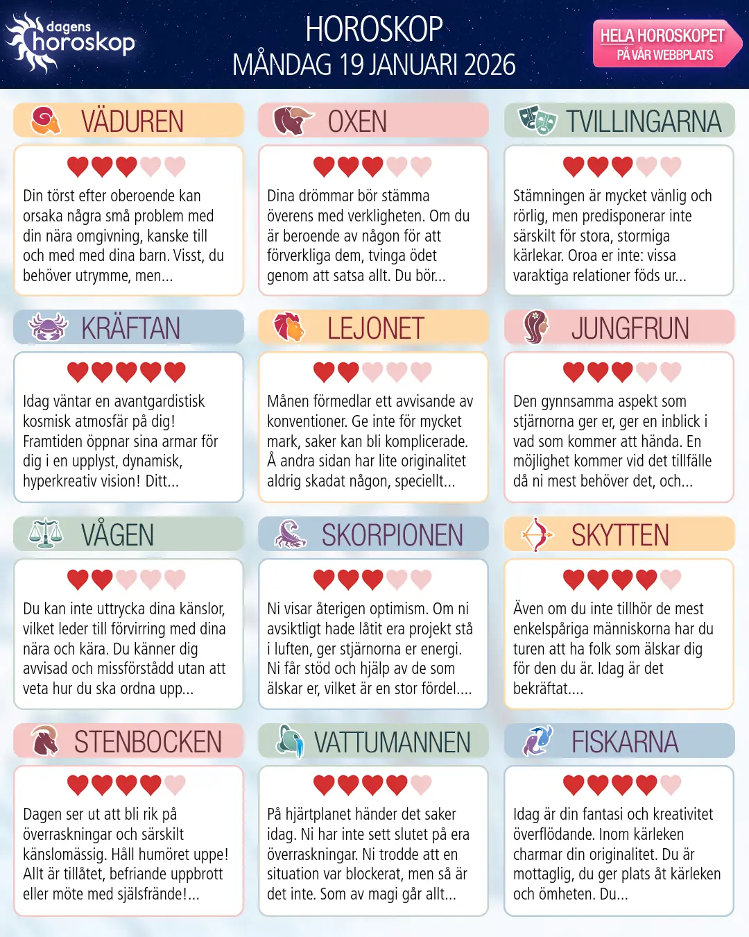 Horoskop för måndag 19 januari 2026