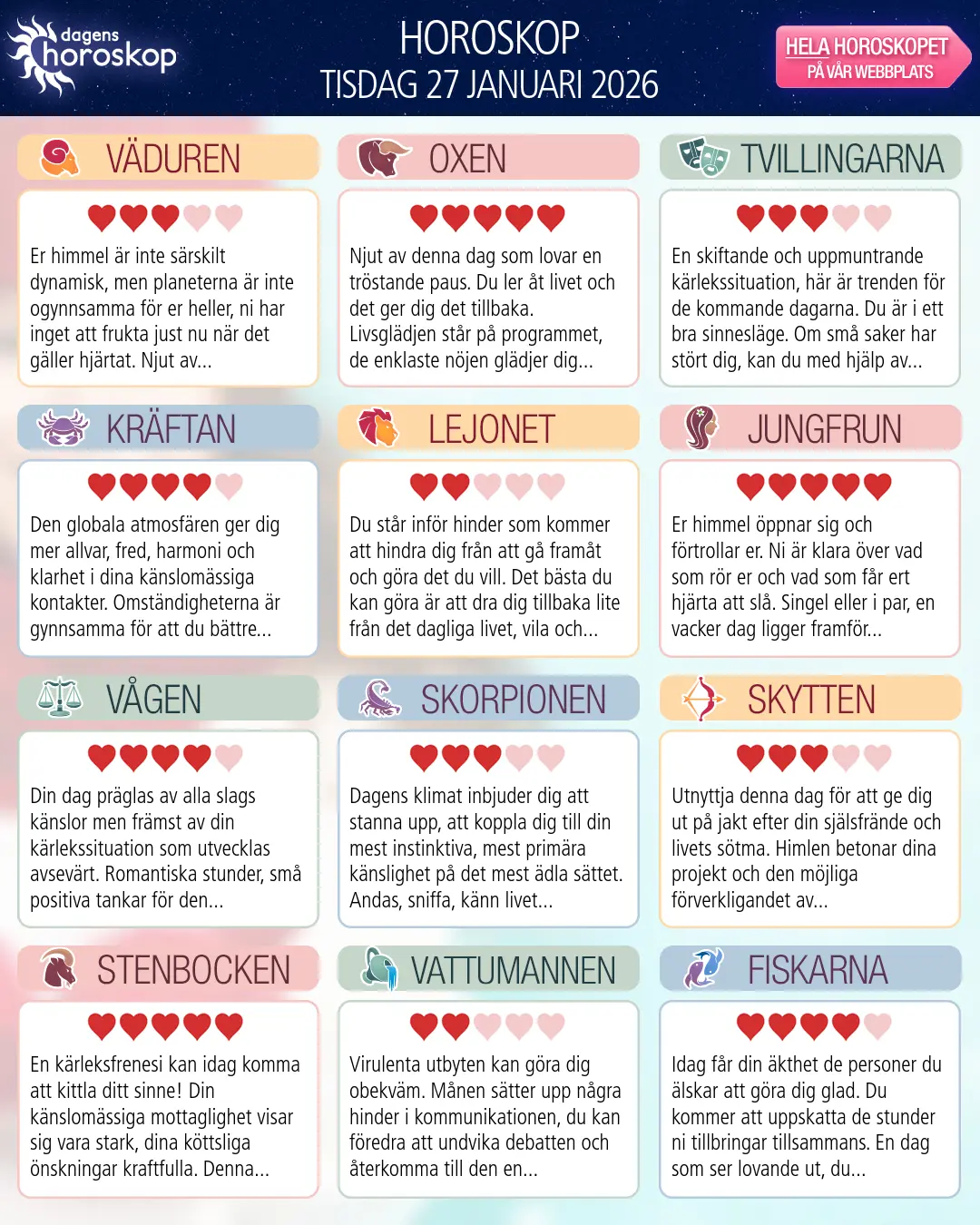 Horoskop för tisdag 27 januari 2026