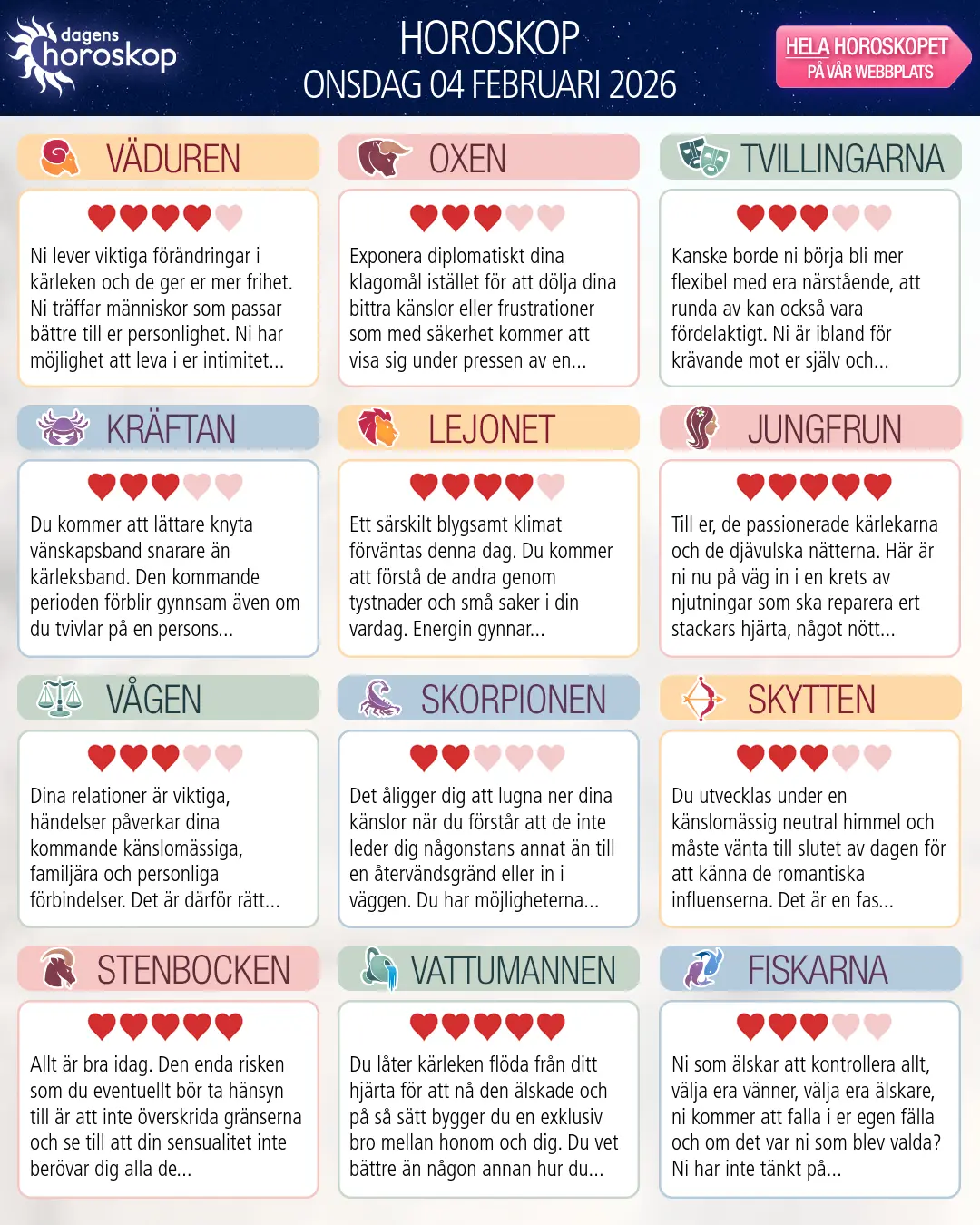 Horoskop för onsdag 4 februari 2026