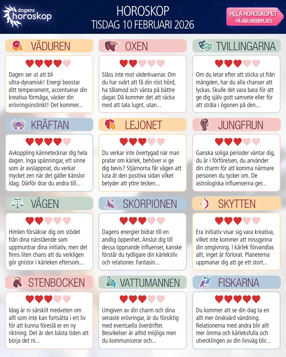 Horoskop för tisdag 10 februari 2026