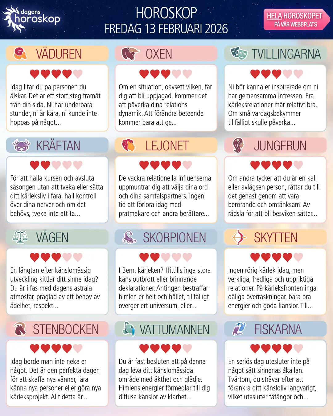 Horoskop för fredag 13 februari 2026
