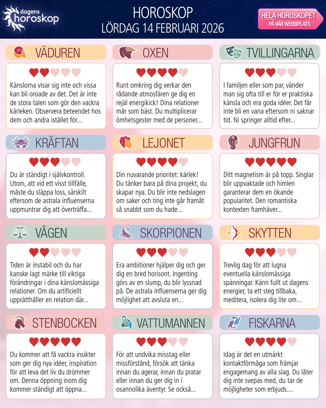 Horoskop för lördag 14 februari 2026