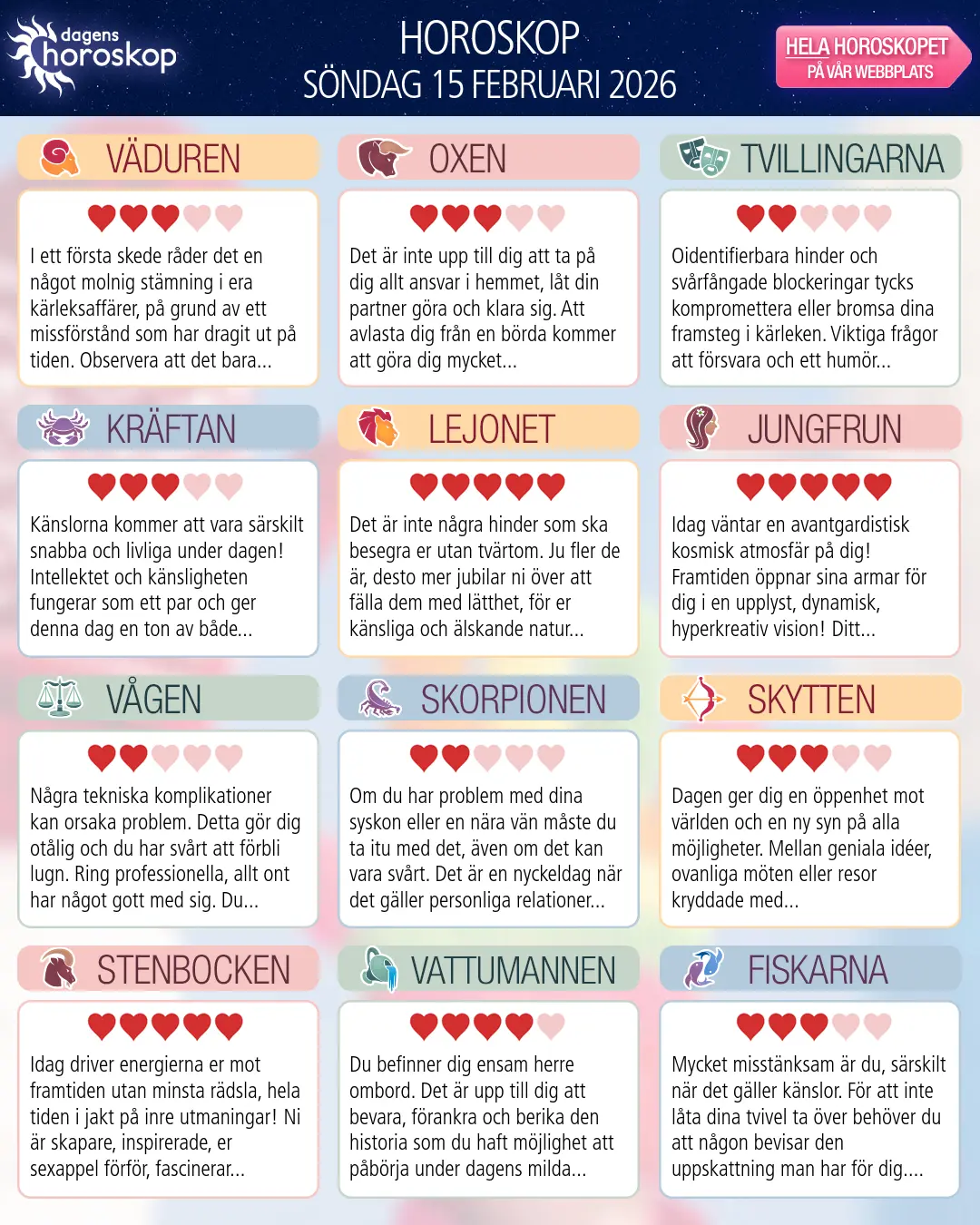 Horoskop för söndag 15 februari 2026