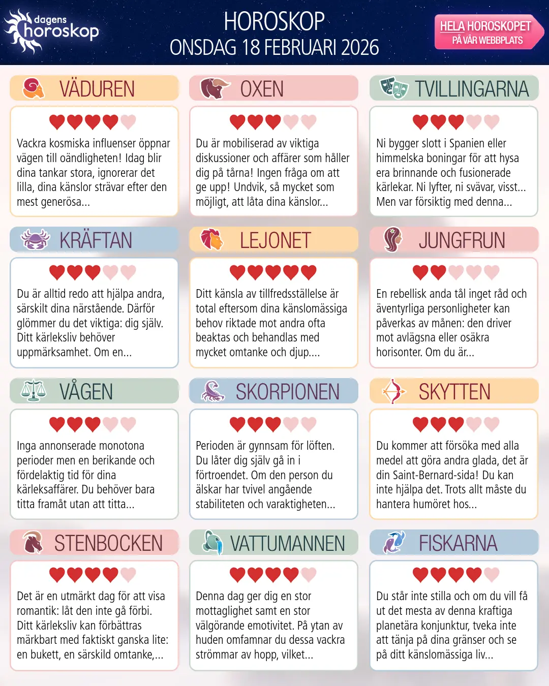 Horoskop för onsdag 18 februari 2026