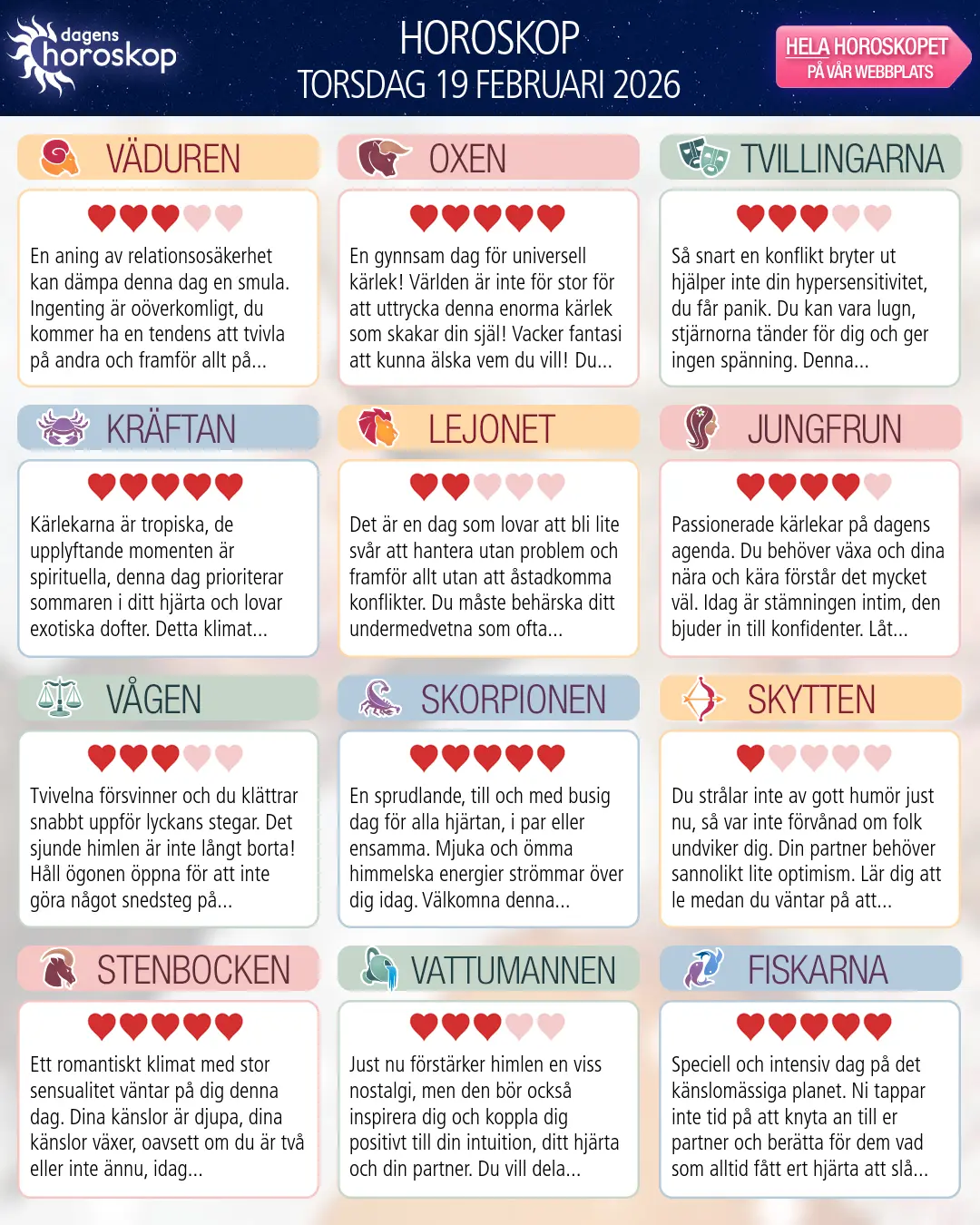 Horoskop för torsdag 19 februari 2026