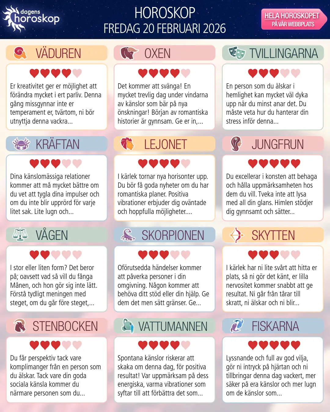 Horoskop för fredag 20 februari 2026