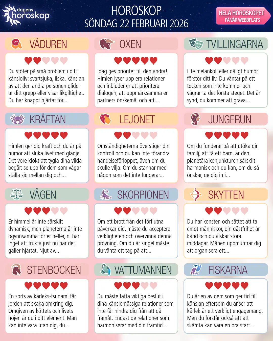 Horoskop för söndag 22 februari 2026