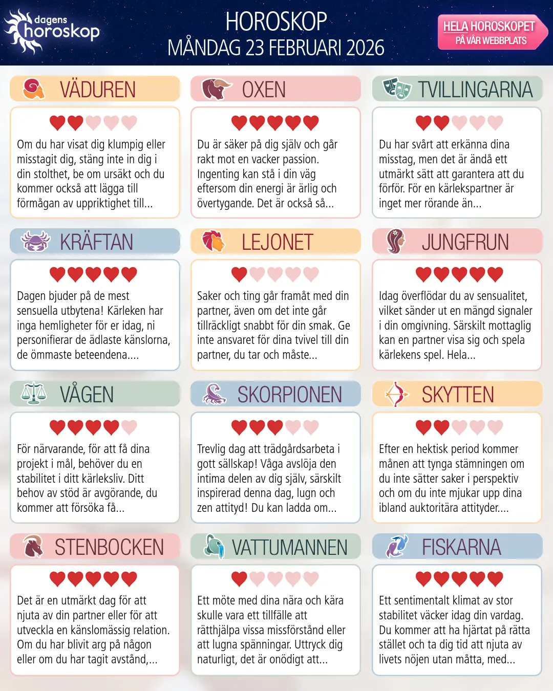 Horoskop för måndag 23 februari 2026