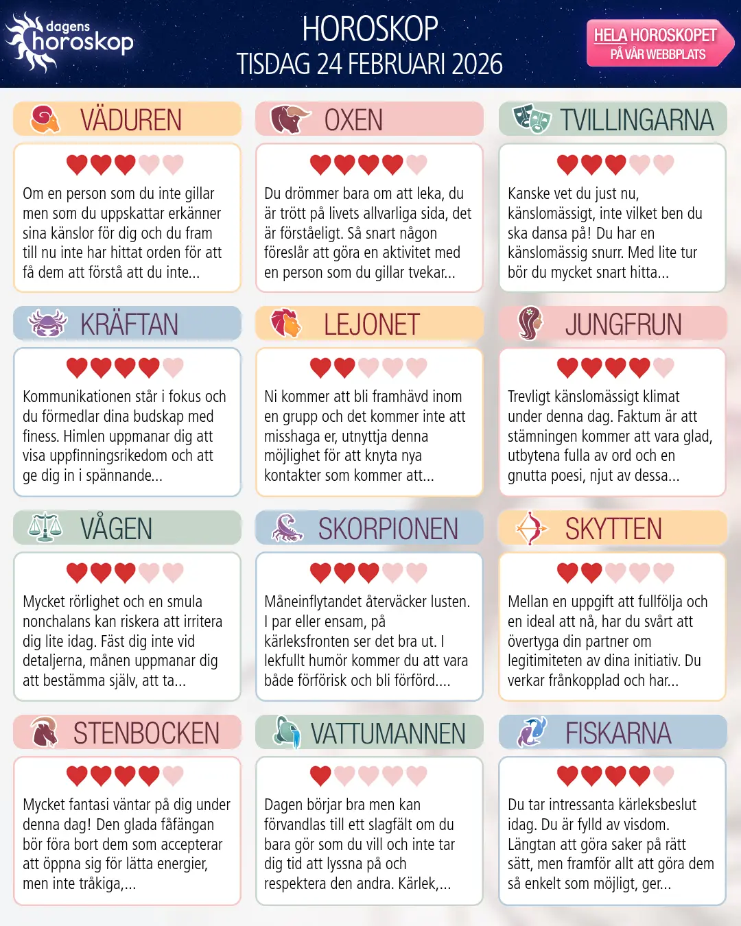 Horoskop för tisdag 24 februari 2026