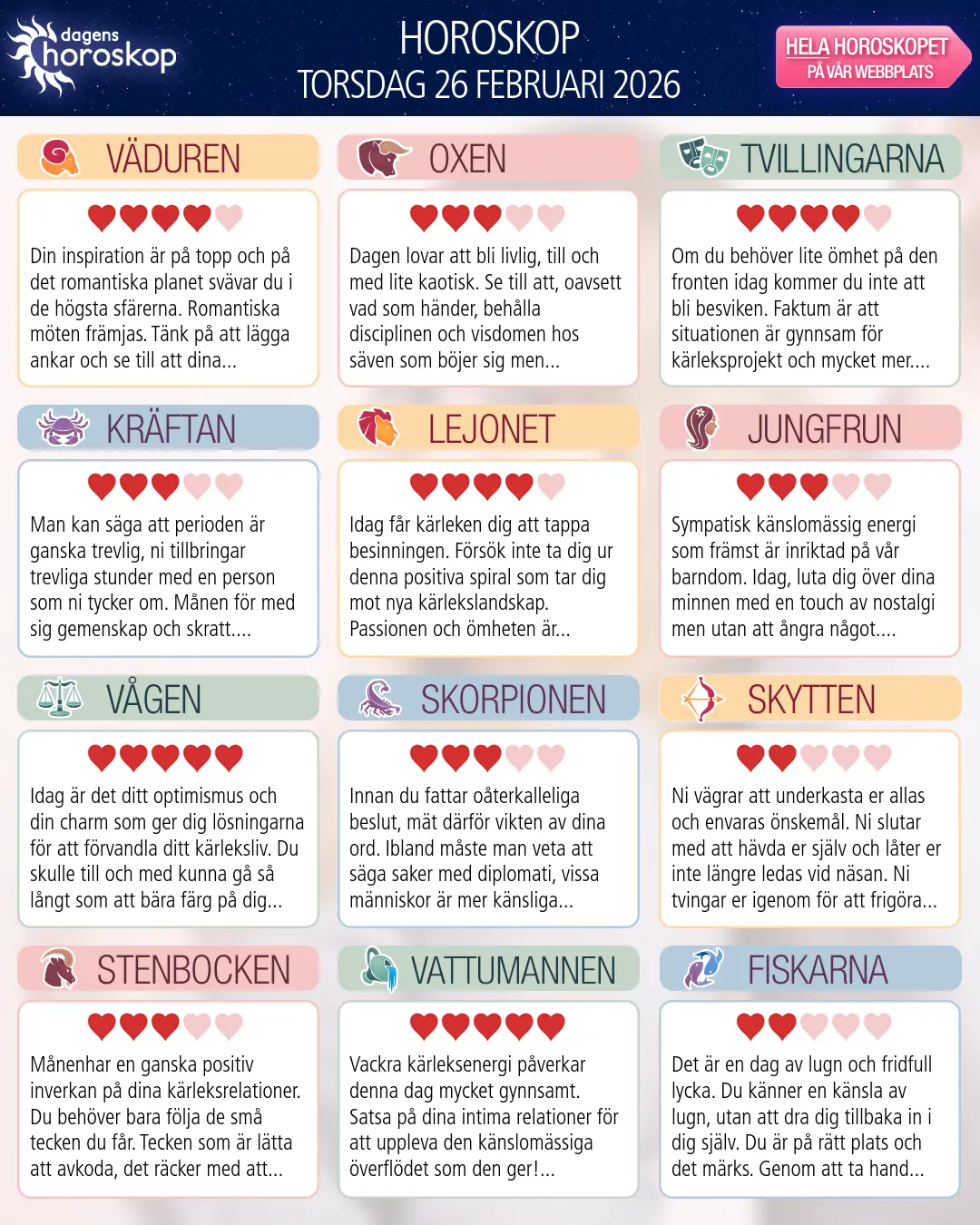 Horoskop för torsdag 26 februari 2026