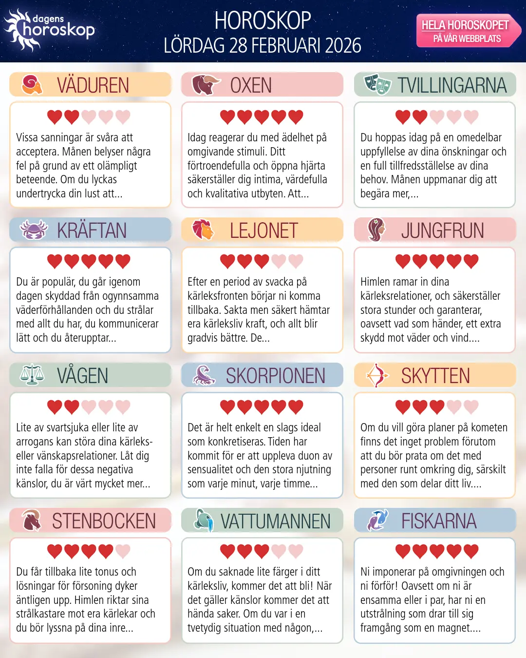 Horoskop för lördag 28 februari 2026