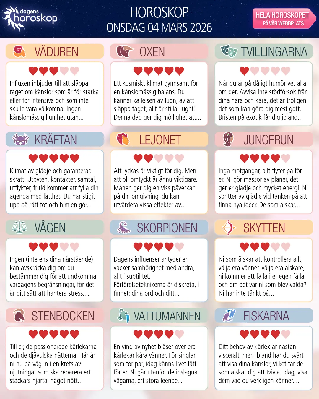 Horoskop för onsdag 4 mars 2026