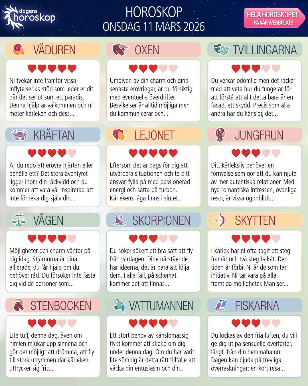 Horoskop för onsdag 11 mars 2026