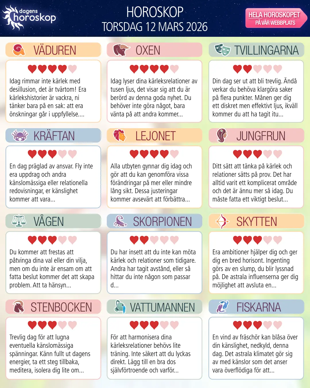 Horoskop för torsdag 12 mars 2026
