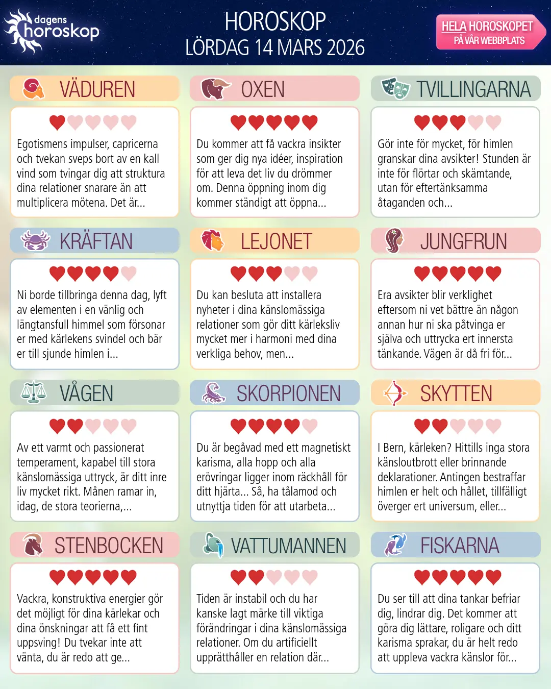 Horoskop för lördag 14 mars 2026